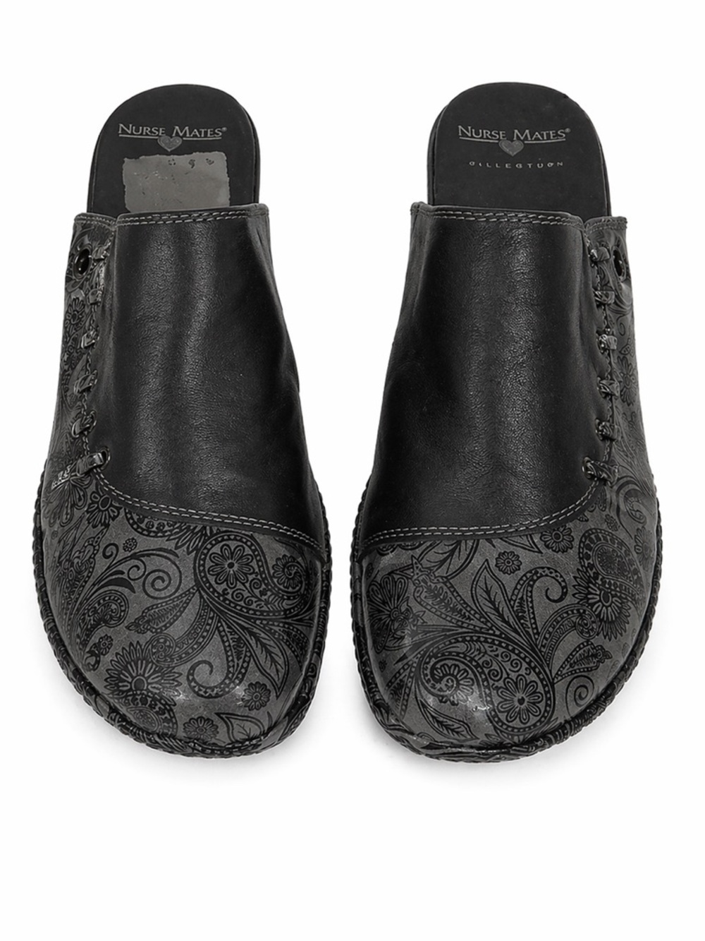 Nurse Mates Bryar Clogs Women’s 9M Black Leather Paisley Slip-Resistant